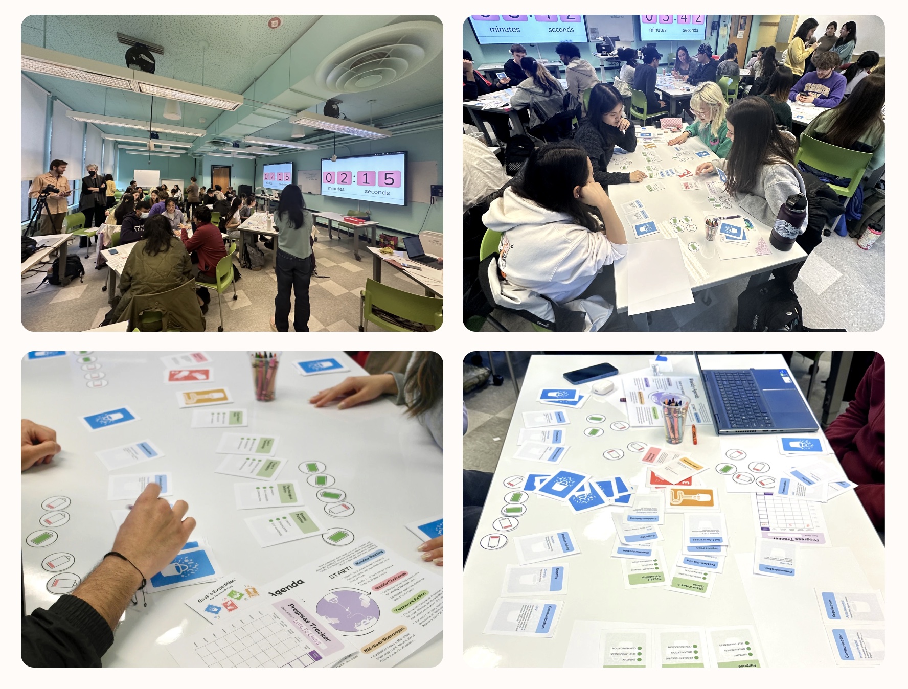 Four photos from the beta play test: a full classroom of students playing in teams with a countdown timer projected on two screens, a table of four students mid-round, and two close-ups of the paper cards, energy tokens and progress tracker in play