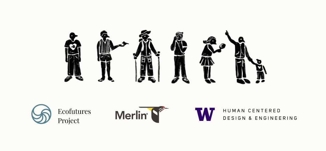 Illustrated novice birdwatchers with Ecofutures Project, Merlin, and UW Human Centered Design and Engineering logos