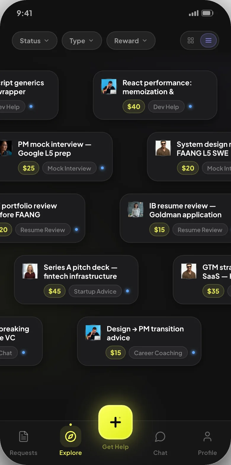 Explore concept: request cards drifting across the screen like a comment stream