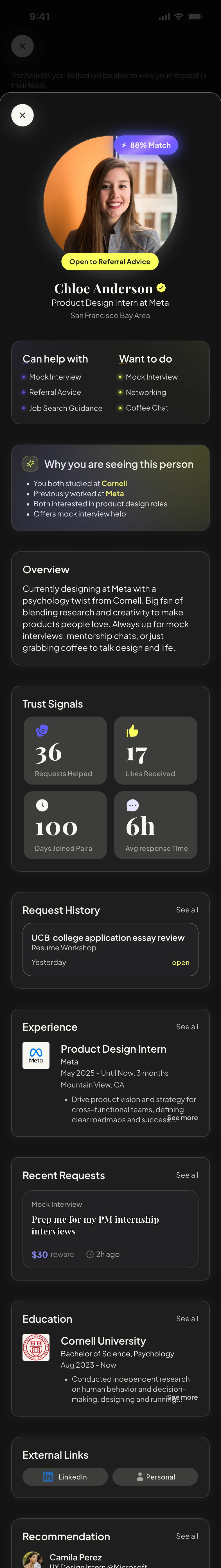 The full helper profile as seen by a seeker: match badge, can help with and want to do, why you are seeing this person, overview, trust signals, request history, experience, recent requests, education, links, recommendations