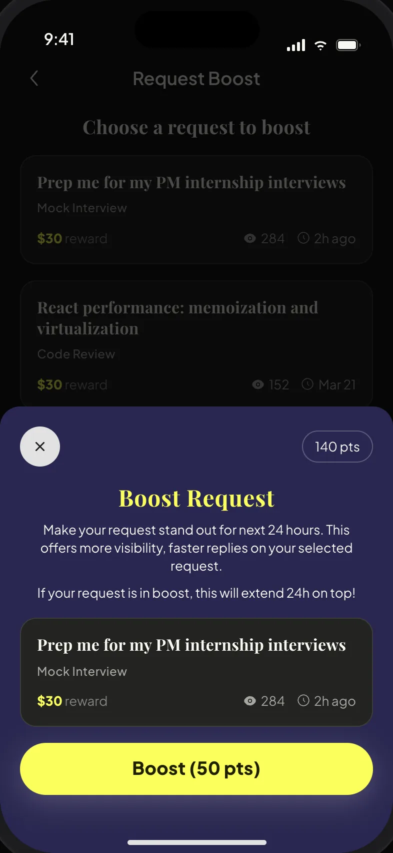 Purple Boost Request sheet, Boost for 50 points