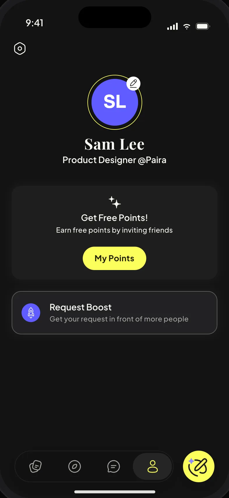 Own profile tab with points banner and Request Boost entry